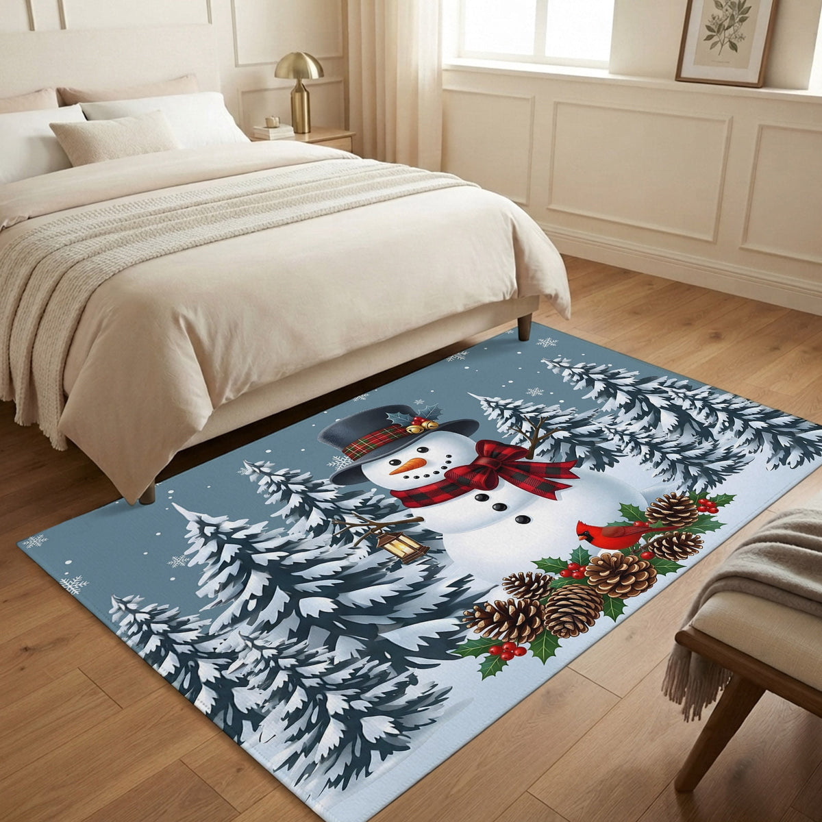 5x7 Area Rugs, Light Blue Snowman Christmas Non-Skid Rubber Backing Large Rectangle Rugs - Living Room Bedroom Home Office, Xmas Pinecone Tree Snowflake Indoor Floor Mat Carpets Washable Rug
