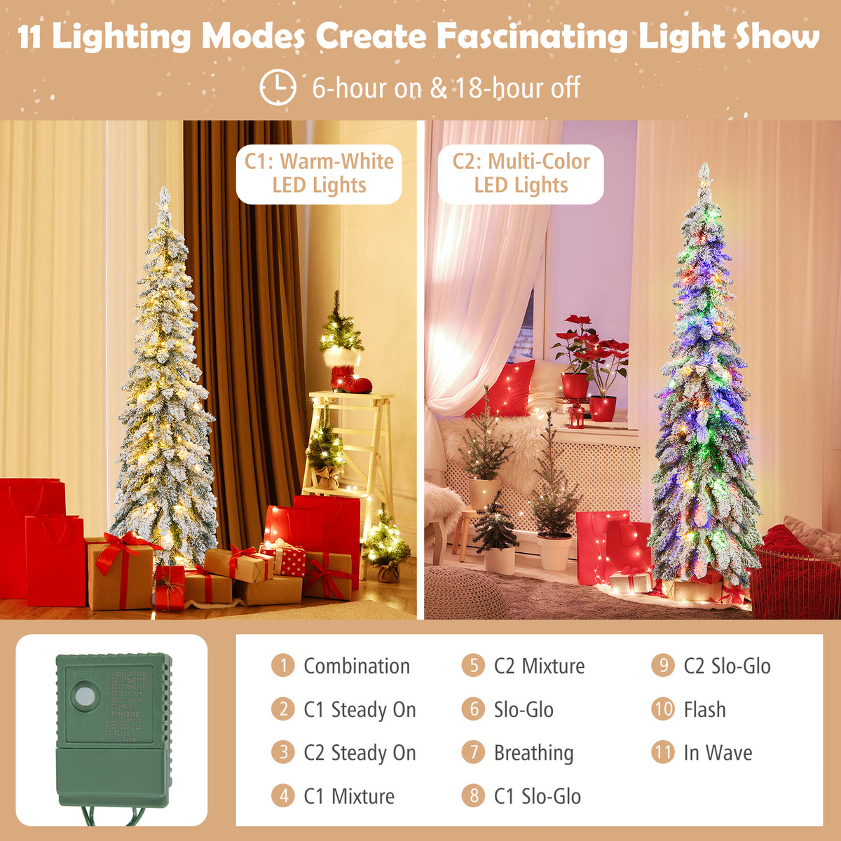 Topbuy 4FT Pre-lit Artificial Christmas Tree Snow-flocked Xmas Pencil Tree with 225 Branch Tips 100 LED Lights 2 Lighting Colors