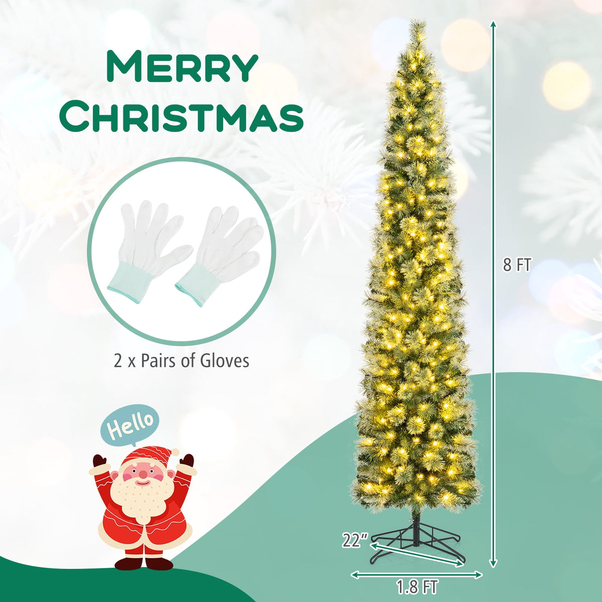 Costway 7 FT Pre-Lit Pencil Artificial Christmas Tree with 150 LED Warm White Lights,8 Modes