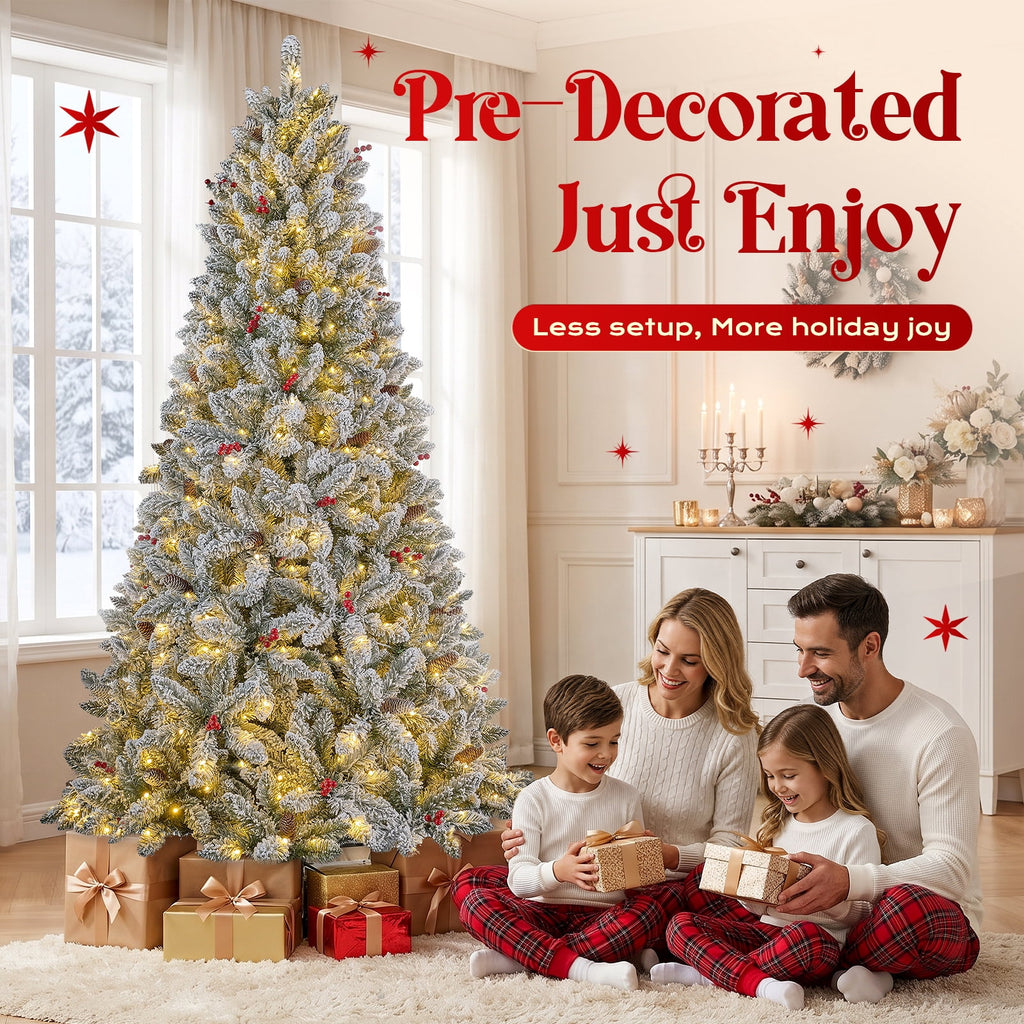 Goosiay Artificial Christmas Tree Pre-Lit Flocked Hinged with Red Berries & Pinecones, 350 Warm White & Multicolor LED Lights, 7 ft