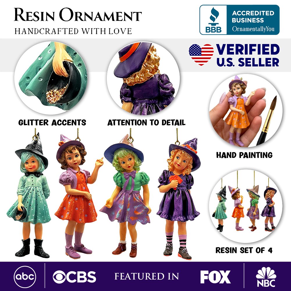 Classic Victorian Little Witch Girls Set of 4 Ornaments, Vintage Halloween Tree Resin Decoration