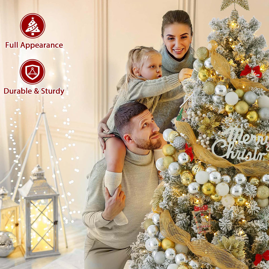 Yexmas 6FT Pre-Lit Snow Flocked Christmas Tree,Artificial White Christmas Tree with Large Christmas Tree Storage Bag,11 Modes Warm White & Multicolor LED Lights for Xmas Decoration