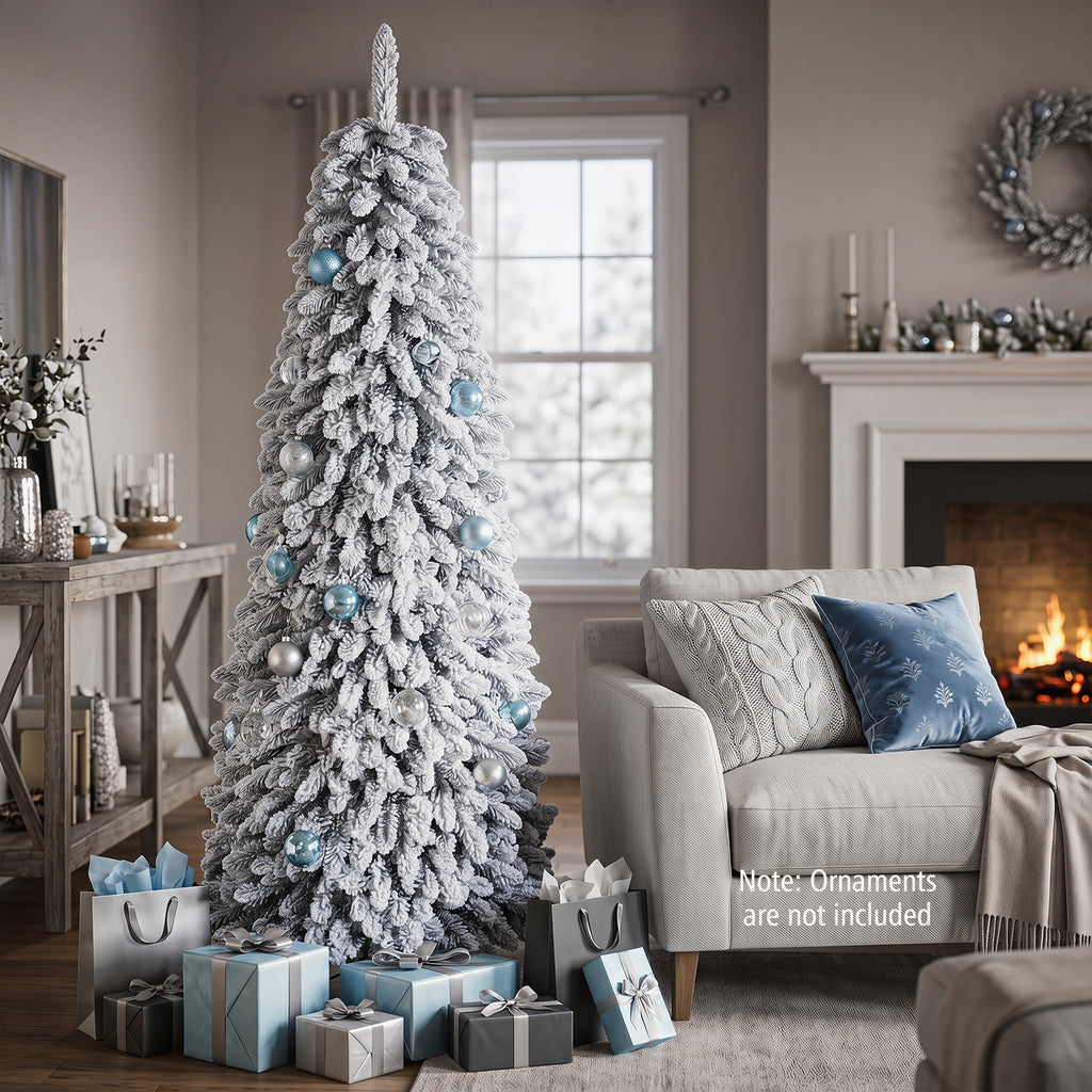 Costway 5 FT Pre-Lit Slim Christmas Tree Flocked Xmas Decoration 11 Modes 150 LED Lights