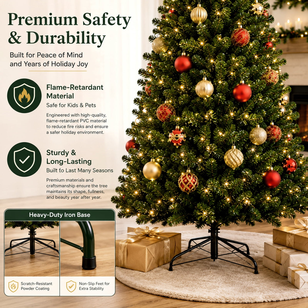 4ft Pre-Lit Artificial Christmas Trees, Green Xmas Tree with Realistic 200 Branch Tips & 150 Warm White LED Lights Premium Holiday Pine Tree for Festival Home, Office Decor, Indoor