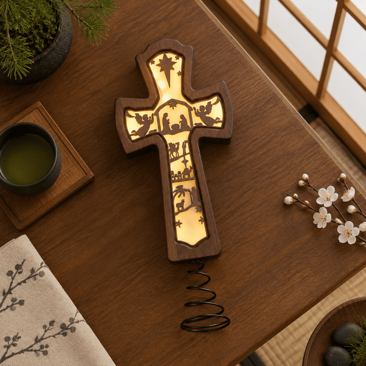 Lighted Christmas Tree Topper Wooden Nativity Cross Scene with Hollow Silhouette Glow for Holiday Decor