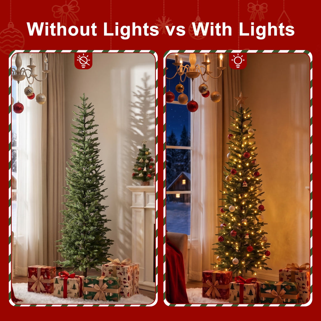 DR.Planzen 6ft Prelit Pencil Christmas Tree with 150 Warm White LED Lights, 1571 PE Branch Tips, Iron Base, Slim Artificial Christmas Tree for Apartment, Entryway, Corner, Office