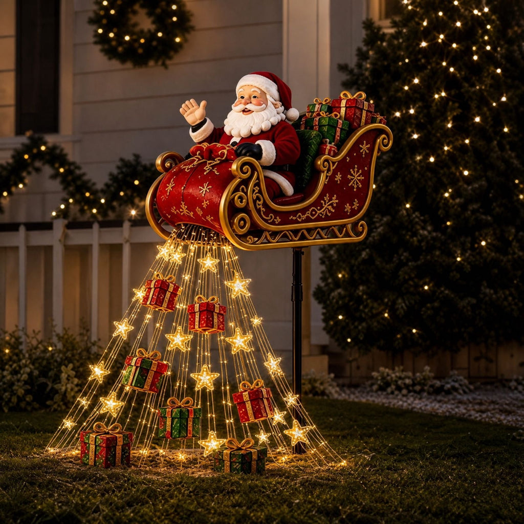 Luckky Santa’s Flying Sleigh Gift Cascade Solar Christmas Garden Light,Warm Golden Cascading LED Lights with Falling Gifts & Star,Solar Powered Outdoor Holiday Decor for Lawn,Pathway & Yard