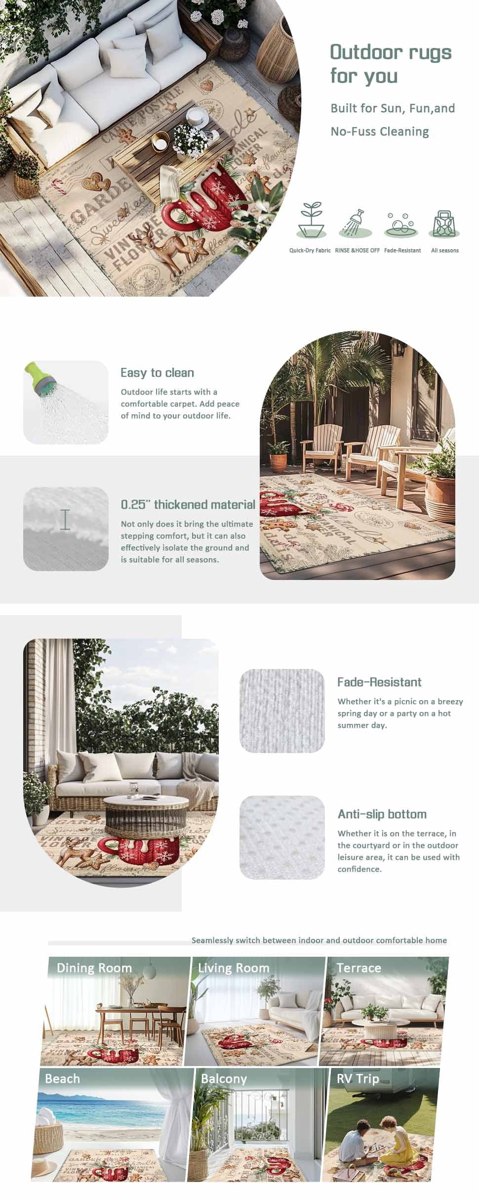 Christmas Outdoor Rug for Patio/Deck/Porch, Non-Slip Large Area Rug 6 x 9 Ft, Xmas Deer Ice Cream Cookies Candy Pine Needles Indoor Outdoor Rugs Washable Area Rugs, Camping Rug Carpet Runner
