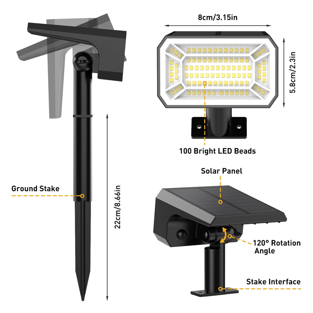 Solar Spot Lights Outdoor [4 Pack, IP65] - 100 High-Lumen LEDs, 4 Modes & 2-in-1 Design. Auto On/Off Cool White Landscape Lights for Yard, Garden, Pathway.