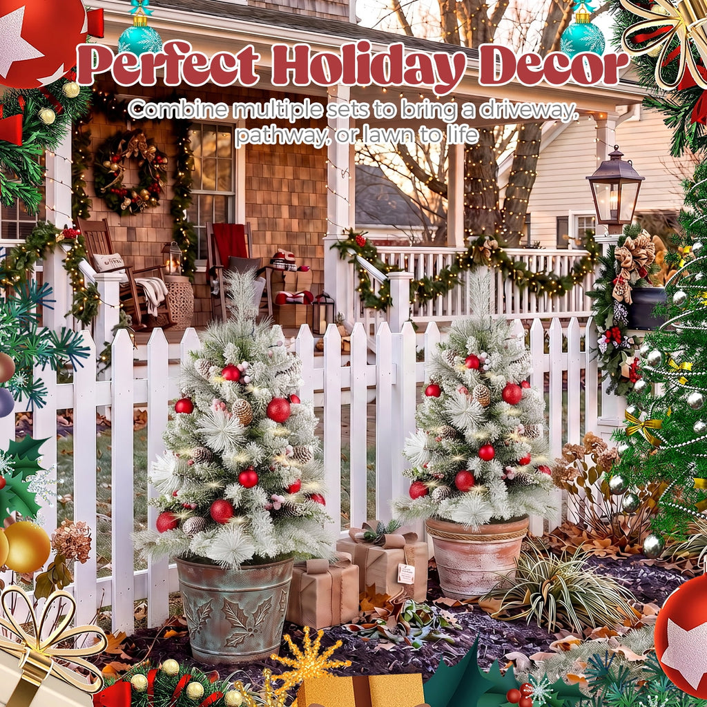 2 Pack 30 inch Prelit Outdoor Pathway Christmas Tree, Artificial Small Xmas Tree with Dual Color Berries & Balls, 30 Battery Operated Warm Lights for Holiday New Year Winter Patio Driveway Yard Lawn