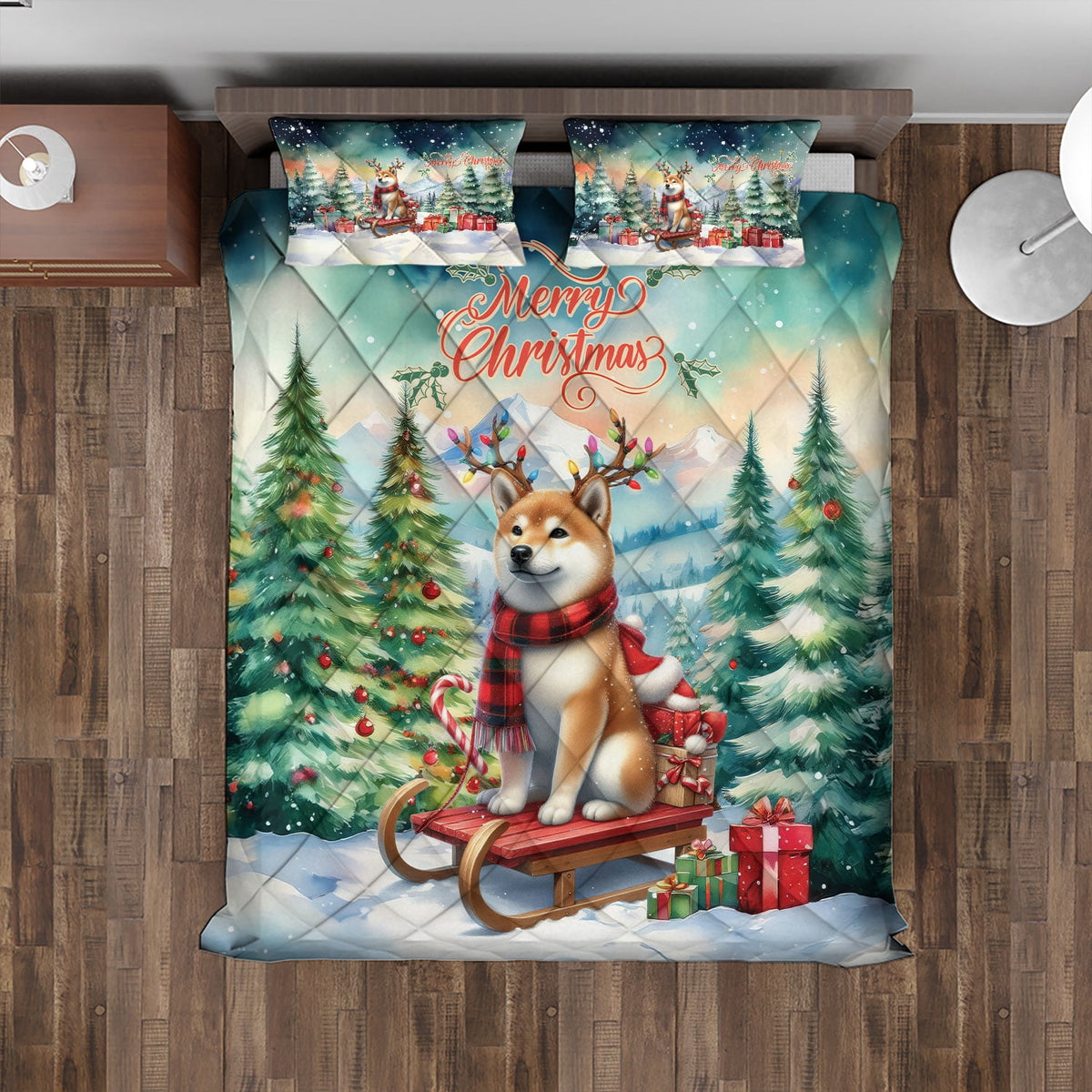 Merry Christmas Santa Reindeer Antlers French Bulldog Sleigh Xmas Winter Holiday Quilt Bedding Set Dog Lover Gifts 1 Blanket Bed Cover 2 Pillowcases - 00023