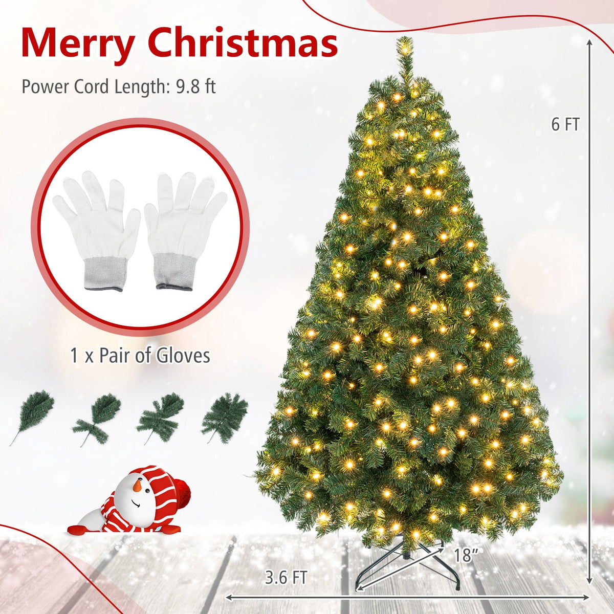 Costway 7Ft Pre-Lit PVC Hinged Christmas Tree 300 LED Lights Green