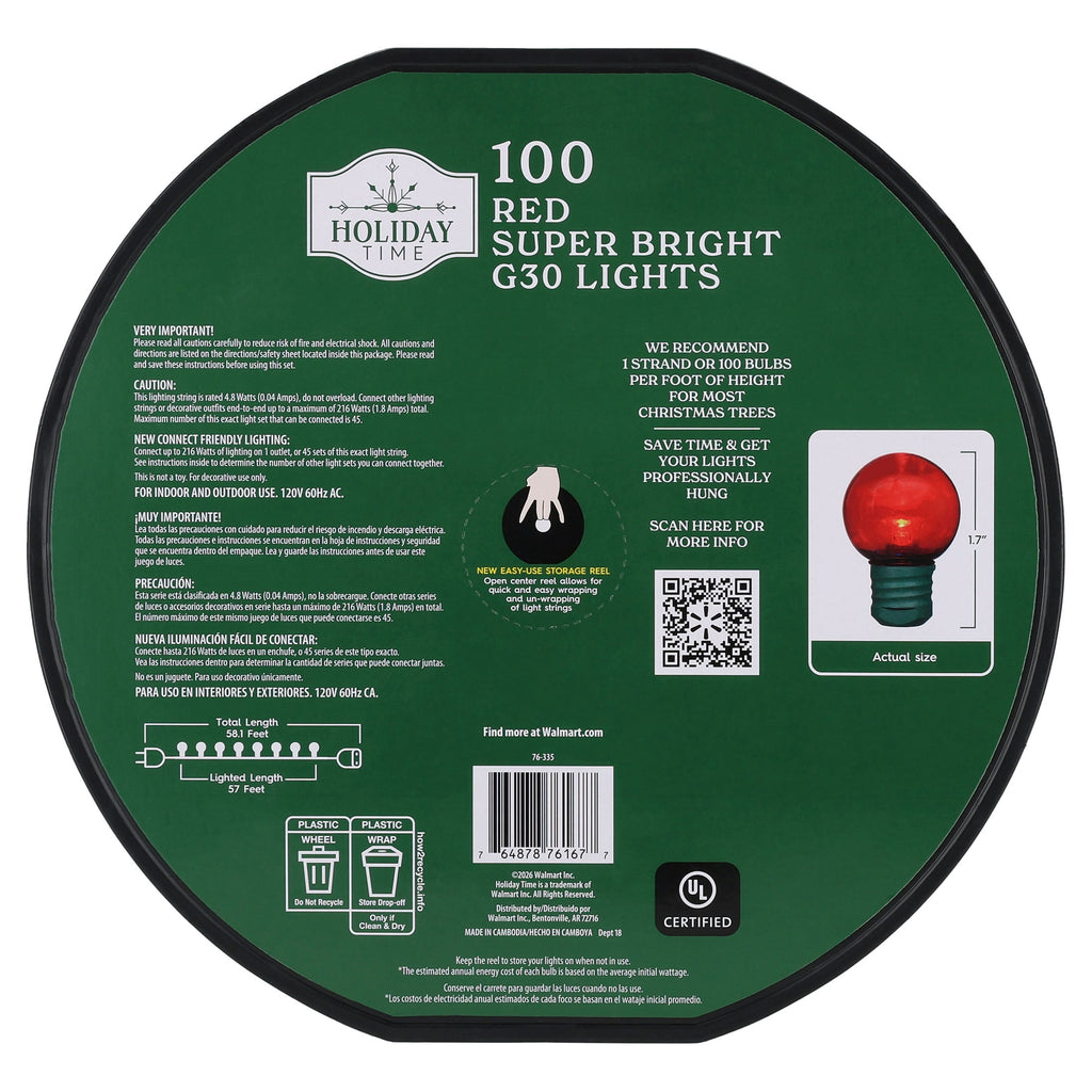 Indoor/Outdoor 100-Count LED Super Bright G30 Christmas String Lights, Warm White, Green Wire, 57', by Holiday Time