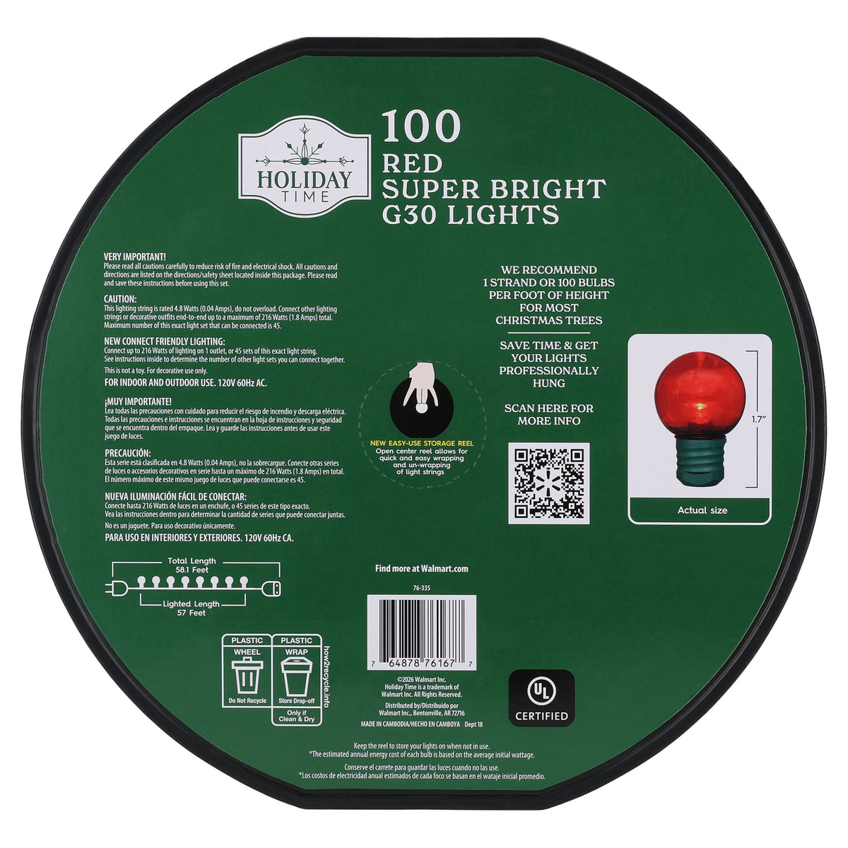 Indoor/Outdoor 100-Count LED Super Bright G30 Christmas String Lights, Warm White, Green Wire, 57', by Holiday Time