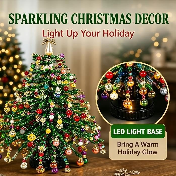 Jingle Beads, Beaded Xmas Tree Kit, Crystal Beaded Christmas Tree Lamp Kit, DIY Beaded ChristmasTree Kits Light Up, Metal Frame & Angel Topper Included, Tabletop Mini Decor