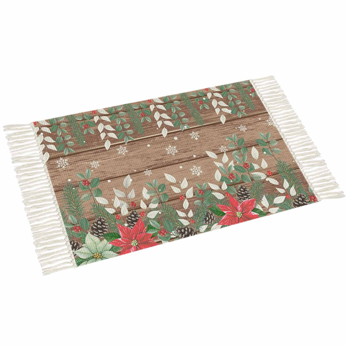 Christmas Poinsettia Large Area Rug 4x6ft Woven Runner Rug,Farmhouse Eucalyptus Botanical Xmas Washed Living Room Bedroom Kitchen Bathroom Classroom Carpet with Tassels,Indoor Outdoor Throw Door Mat