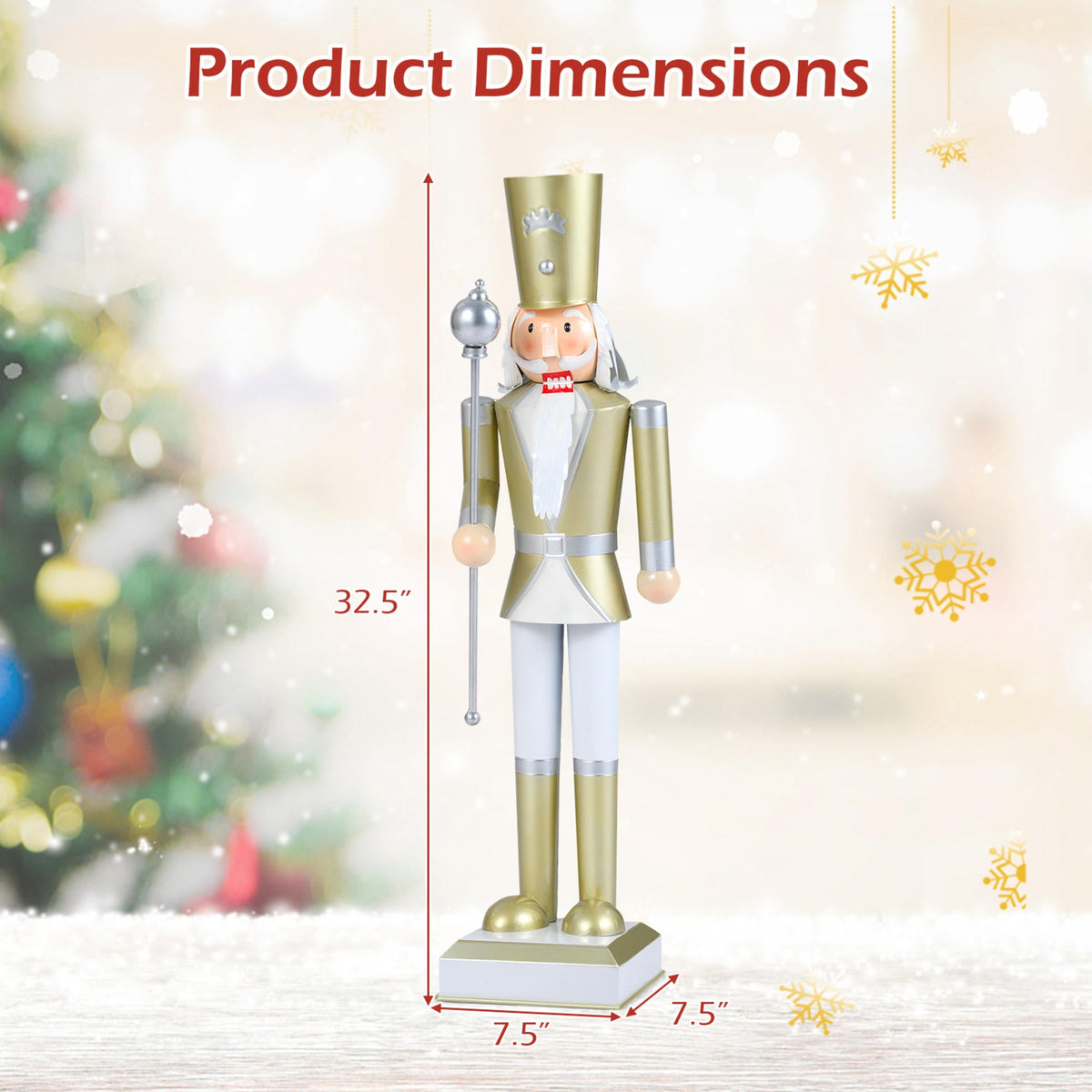 32.5 Inch Christmas Nutcracker Figure With High Hat and Scepter, White and Golden Holiday Home Decor
