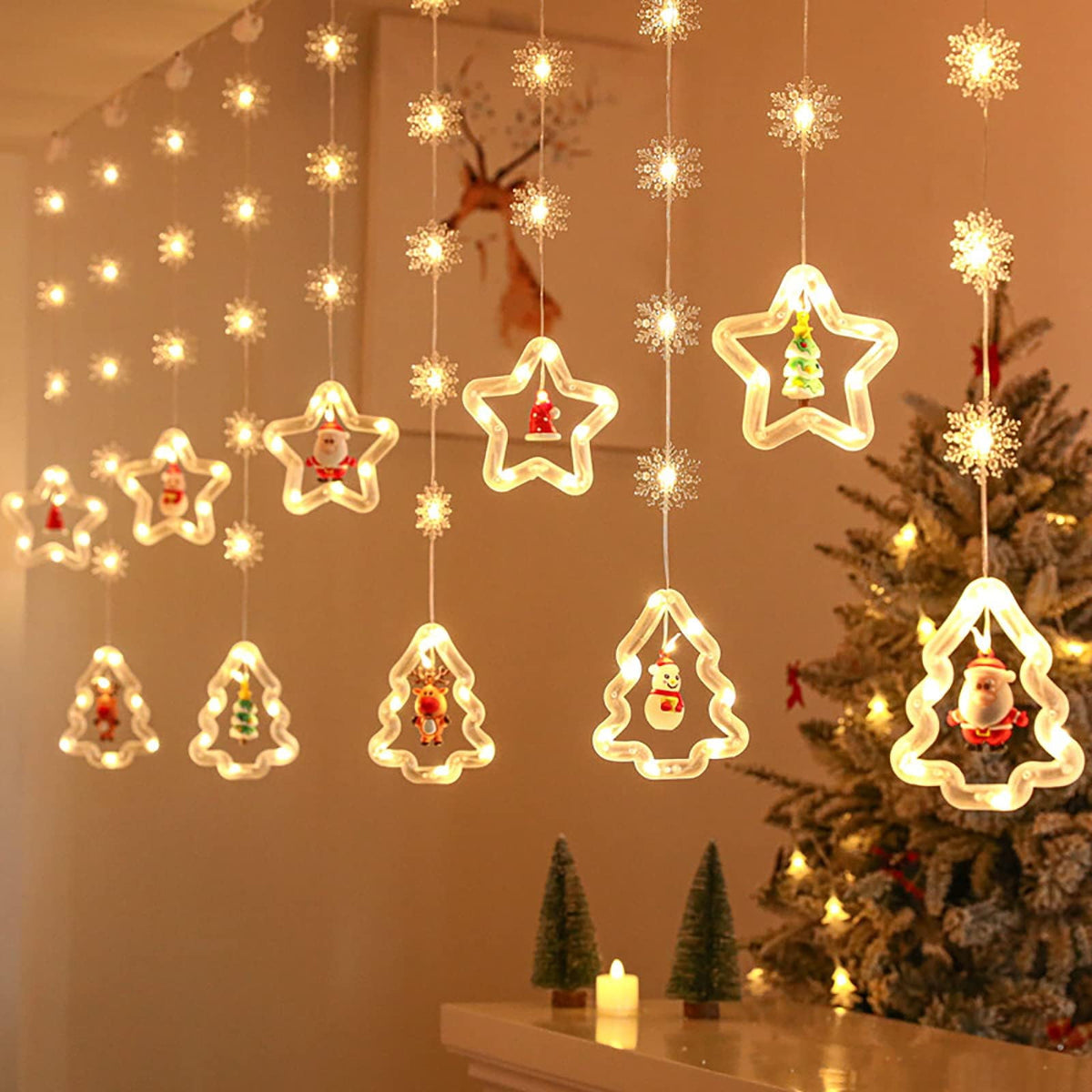WILLED Christmas String Lights, 120 LED Window Curtain Lights with Christmas Ornaments, 9.8ft USB Powered Warm White Waterproof Fairy Lights Indoor Outdoor for Xmas Tree Patio Garden Party Home Decor