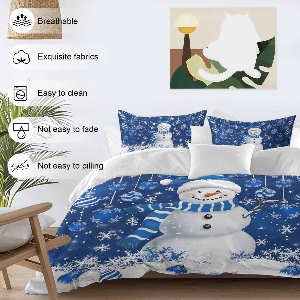 Christmas Blue Snowman 4 Piece Duvet Cover Set Full Size Xmas Balls Snowflake Soft Bedding Set Comforter Cover, 1 Duvet Cover 1 Flat Sheets and 2 Pillowcases