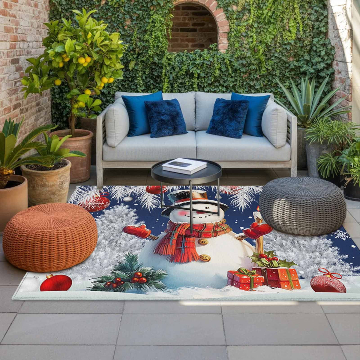 Grey Snowman Christmas Outdoor Rug for Patio/Deck/Porch, Non-Slip Large Area Rug 4 x 6 Ft, Xmas Tree Red Balls Snowflake Indoor Outdoor Rugs Washable Area Rugs, Reversible Camping Rug Carpet Runner