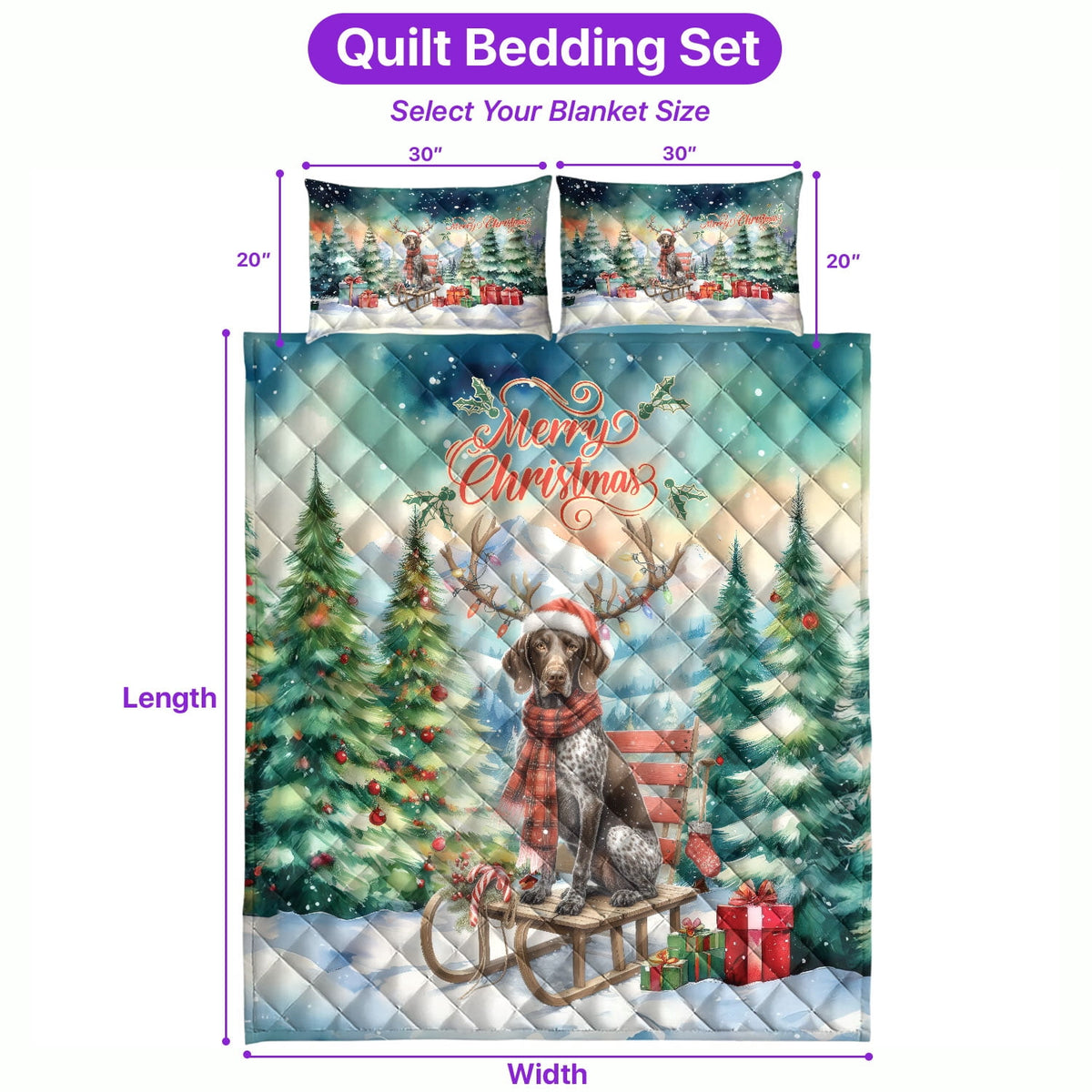 Merry Christmas Santa Reindeer Antlers French Bulldog Sleigh Xmas Winter Holiday Quilt Bedding Set Dog Lover Gifts 1 Blanket Bed Cover 2 Pillowcases - 00023