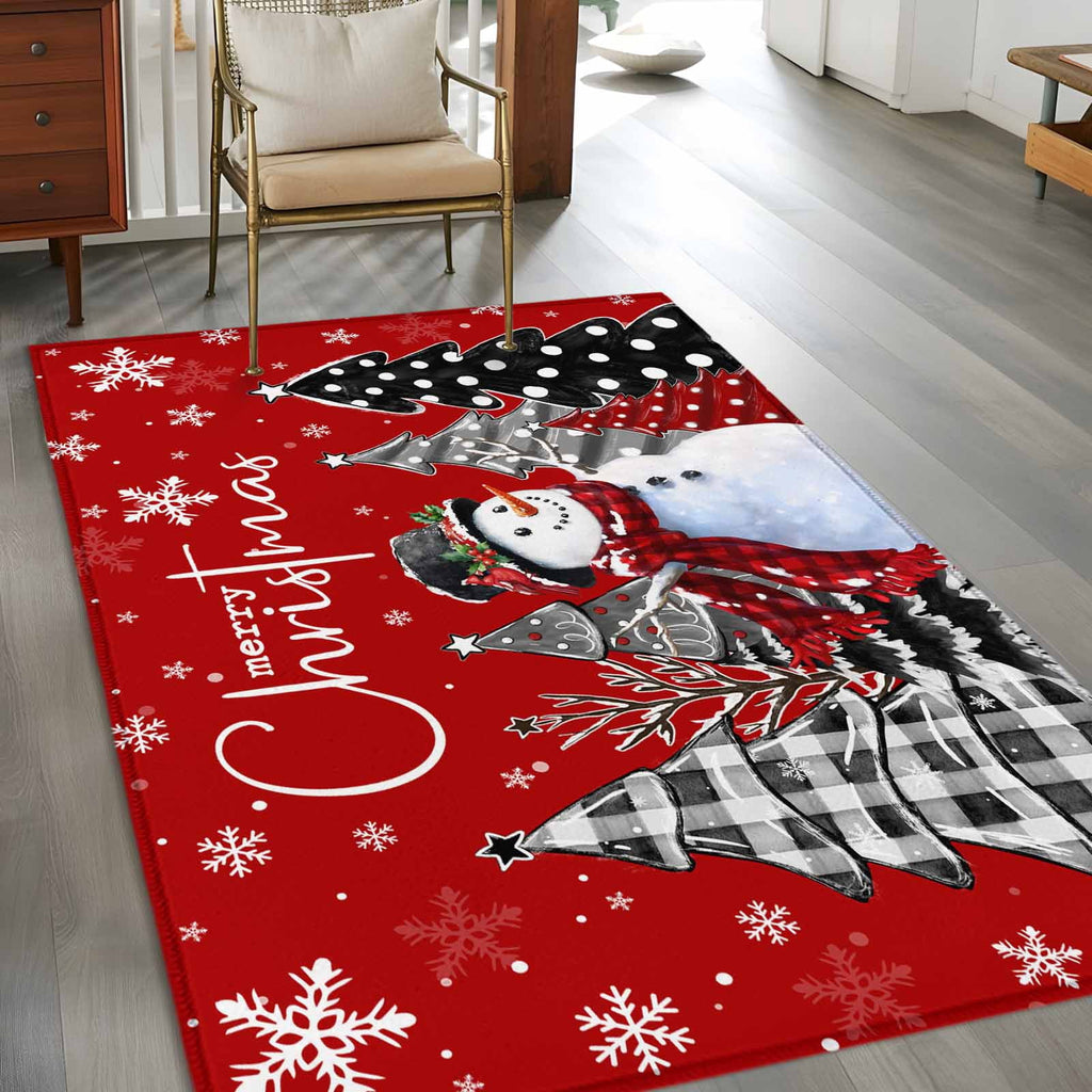 Area Rug 4x6 Ft, Red Christmas Non Slip Area Rugs for Bedroom, Xmas Snowman Snowflake Tree Black Grey Washable Low Pile Indoor Throw Carpet for Home Office Study Room Dining Room Nursery