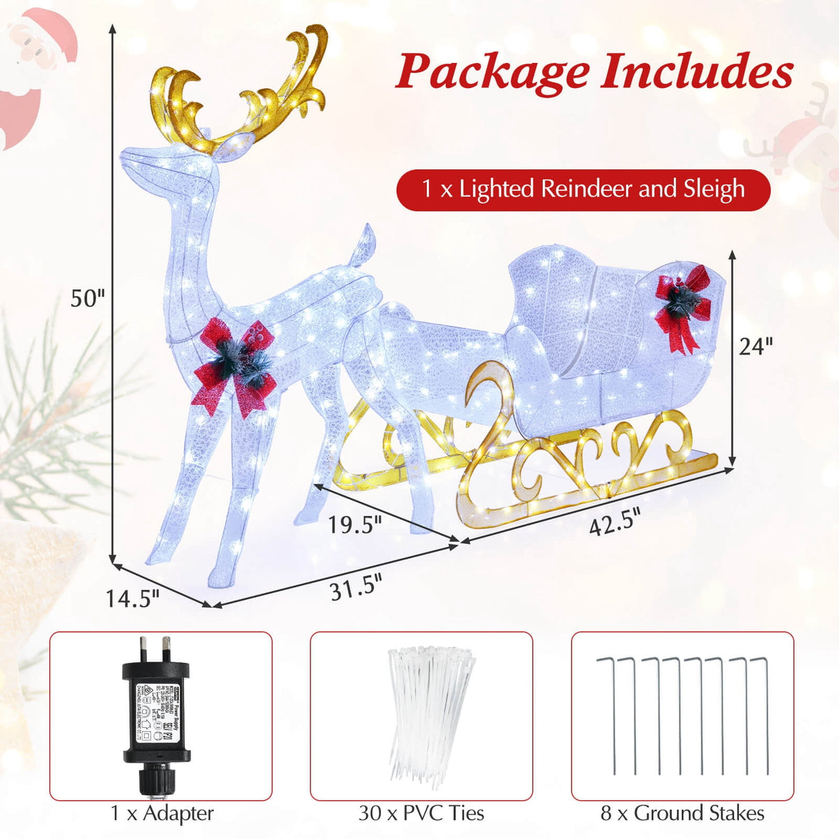 Costway 6 FT Christmas Lighted Reindeer & Santa's Sleigh W/ 215 LED Lights & 4 Stakes Gold