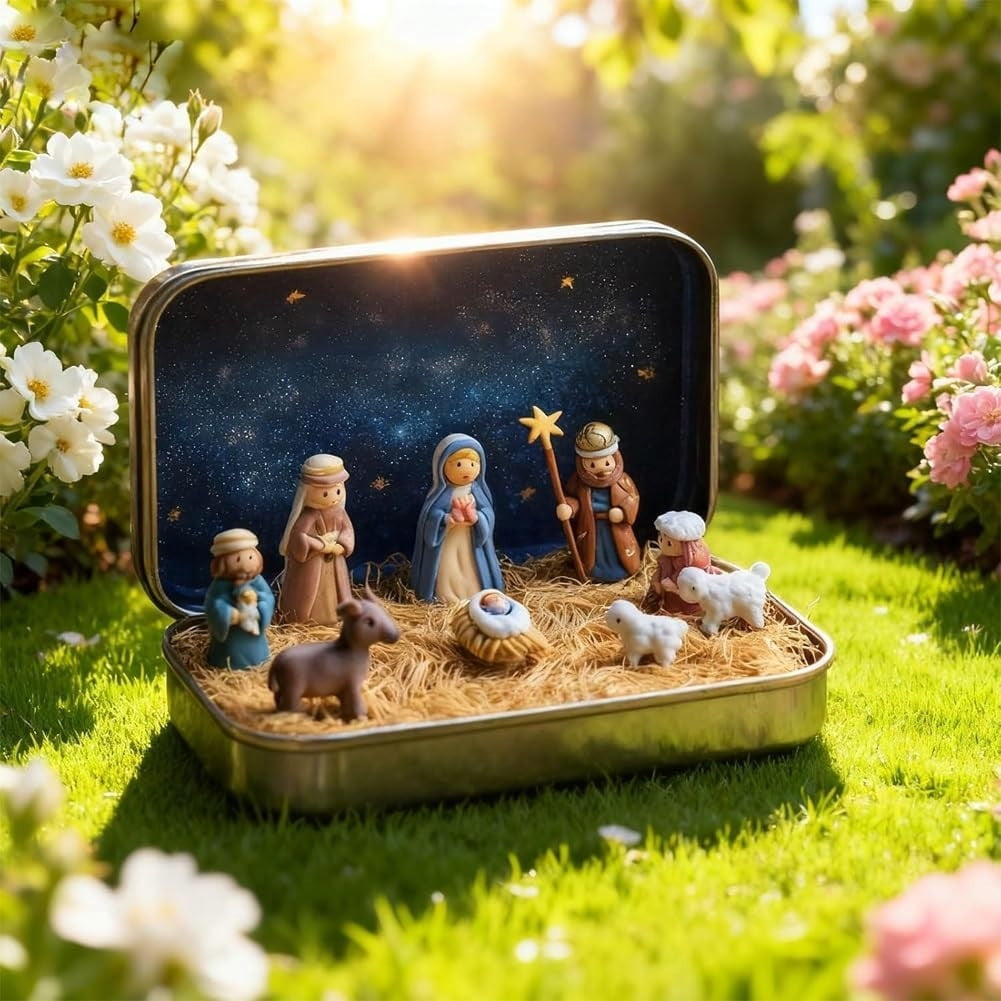 Mini Christmas Nativity Set in a Tin Box, Portable Pocket Birth of Jesus Ornament, Holy Family Sheep and Jesus Figurines, Christmas Interior Decoration for Home Desk, Shelf, Office Decor (3 Set)