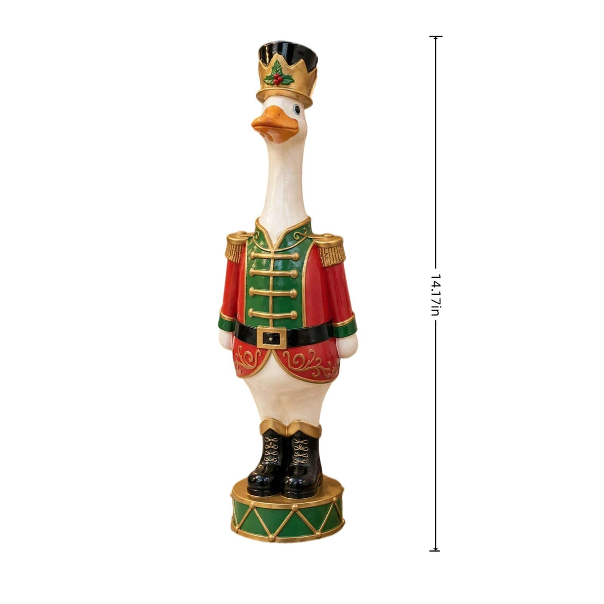 Christmas Faux Nutcracker Goose Resin Statue, Festive Soldier Figurine with Drum Base for Mantel, Porch, Christmas Decor