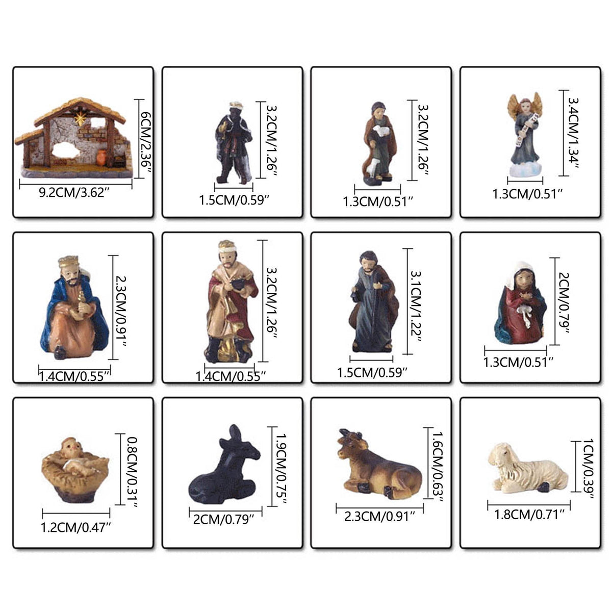 Nativity Set Christmas Indoor 16 Piece 2.36 inch Scene Statue Figurines Jesus Manger Crib Ornament Church Xmas Gift Home Decoration