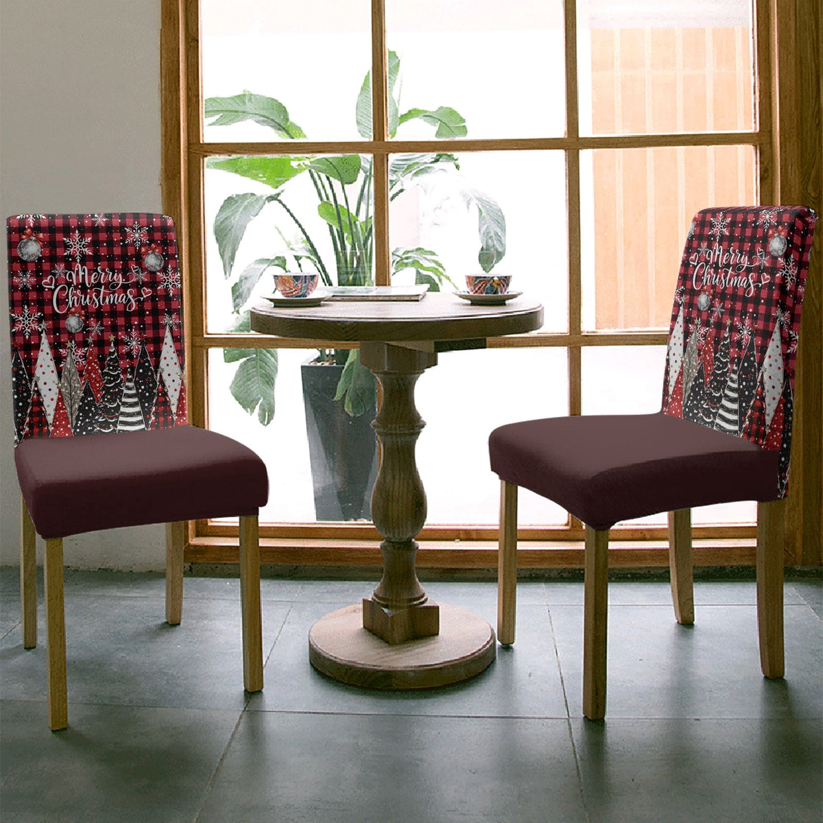 Merry Christmas Dining Chair Covers Set of 8, Winter Farmhouse Pine Tree Snowflake Red Plaid Chair Covers for Dining Room Removable Seat Protectors Slipcovers for Home Party Wedding Banquet