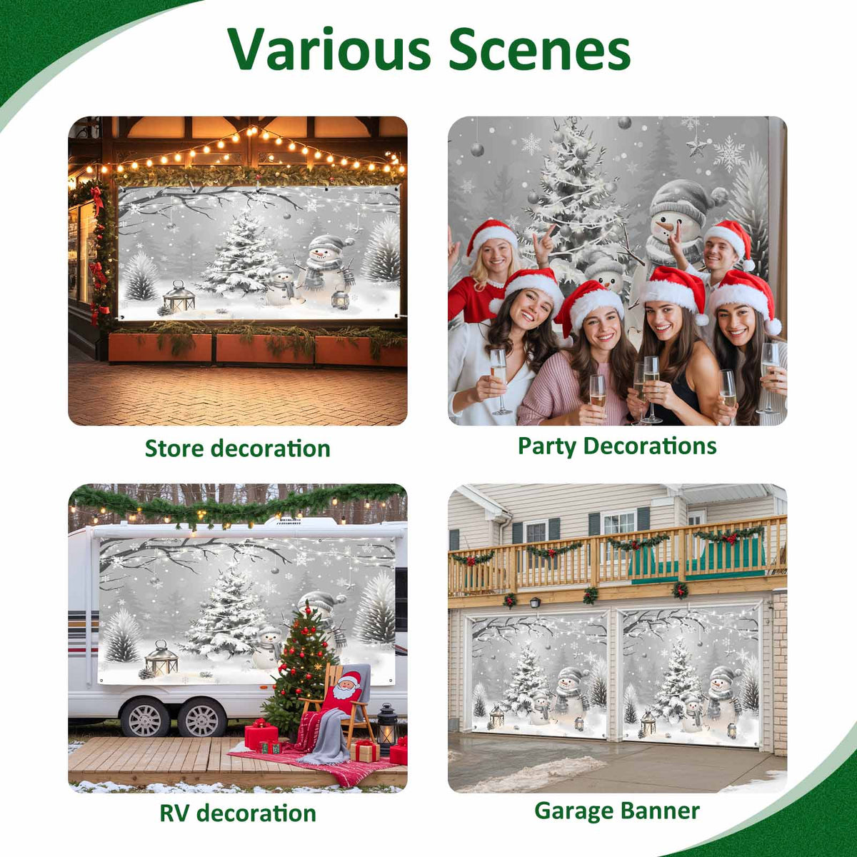 Fsddascl 7 x 16 Ft Christmas Garage Door Cover, Black Christmas Tree Large Garage Door Banner, Xmas Snowflake Green Golden Hanging Garage Mural Background for Indoor Outdoor Xmas Party Supplies