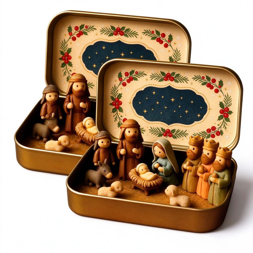 Mini Christmas Nativity Scene Set in a Tin Box Pocket Size Religious Catholic Jesus Holiday Desktop Ornament Decor Keepsake Stocking Stuffer Gifts