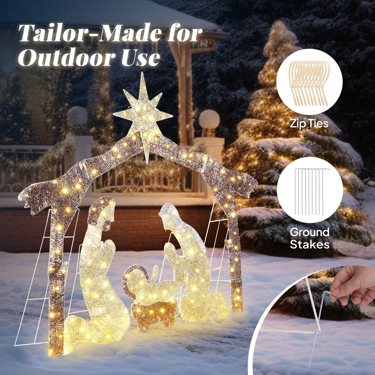 iCapeson 6ft Lighted Outdoor Nativity Scene with Brown Roof, 190 LED Lights Holy Family Yard Decoration for Christmas, Includes Mary, Joseph, Jesus Figure