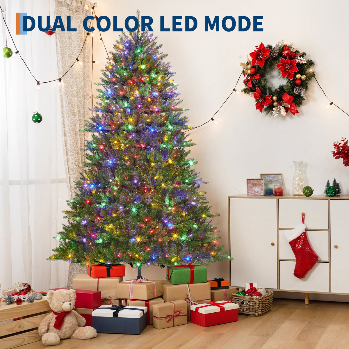 JoanKaren 7.5' Pre-Lit Green Artificial Christmas Tree,Metal Stand Full Xmas Tree with 600 Multicolor Lights