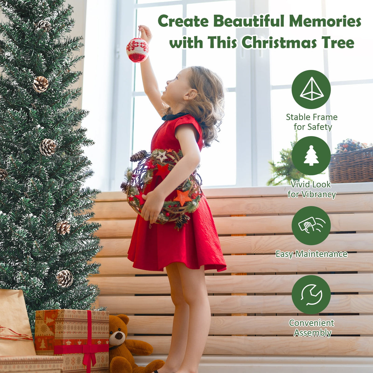 Topbuy 5FT Slim Pencil Tree Snowy Artificial Christmas Tree with 214 PVC Branch Tips & 25 Pine Cones Full Holiday Decoration Tree for Xmas