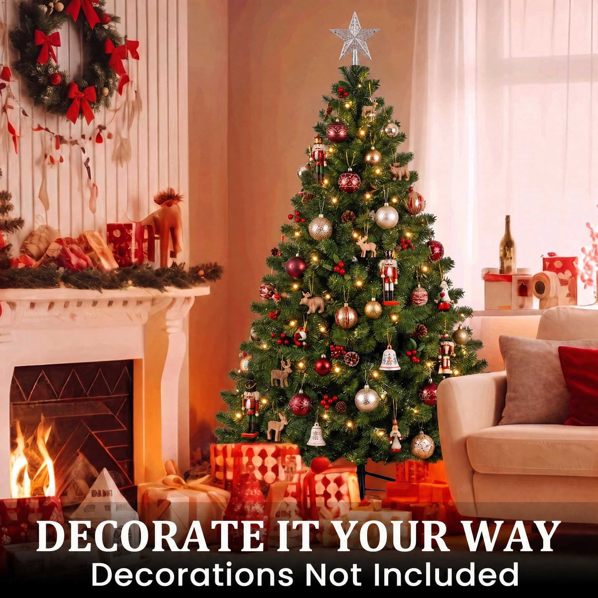 DAYBETTER 8ft Artificial Christmas Tree, 500 Warm White Lights & 1335 Branch Tips, Includes Metal Stand, Indoor/Outdoor Xmas Holiday Decor