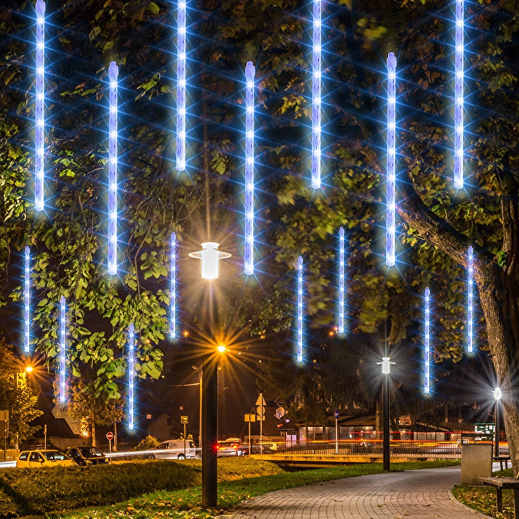 Morttic Christmas Light, Meteor Shower Rain Lights 12 Inch 8 Tubes, Waterproof Plug in Falling Rain Lights Christmas Decorations for Xmas Bushes Tree Yard Party Outdoor Decor (Cool White)