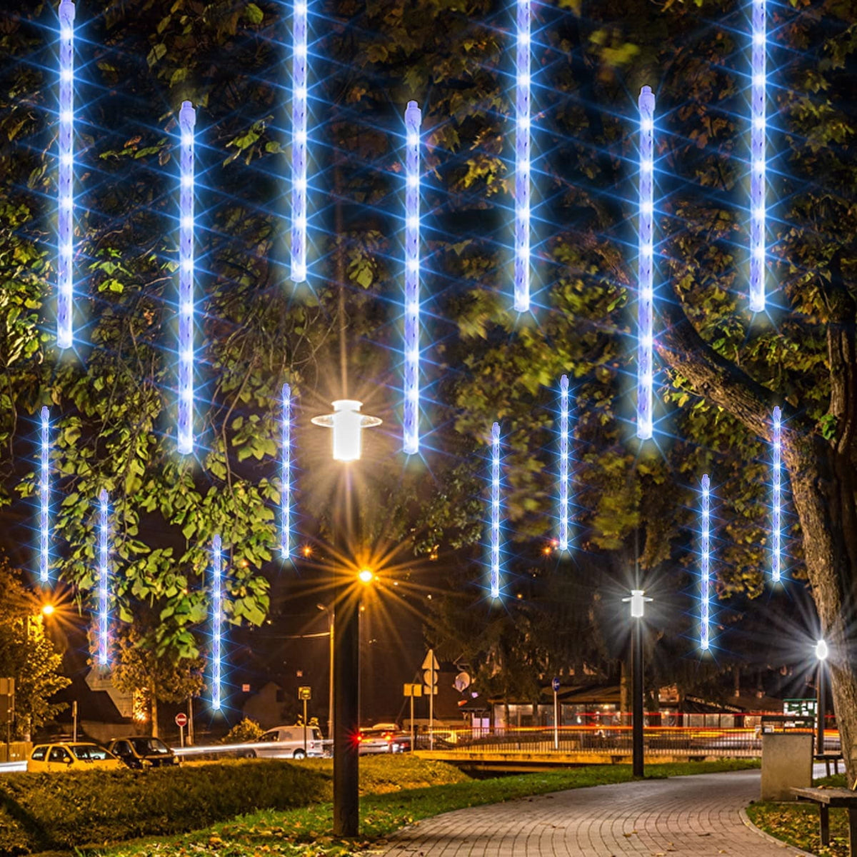 Morttic Christmas Light, Meteor Shower Rain Lights 12 Inch 8 Tubes, Waterproof Plug in Falling Rain Lights Christmas Decorations for Xmas Bushes Tree Yard Party Outdoor Decor (Cool White)