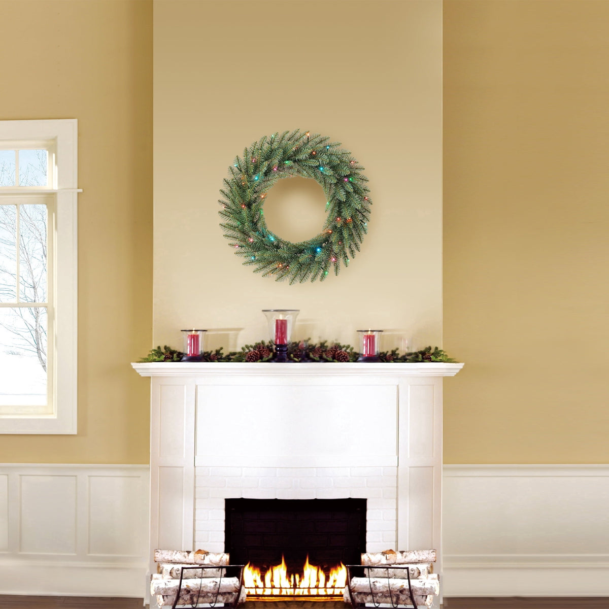 Pre-Lit Battery-Operated Milford LumaDazzle Artificial Christmas Wreath, Green, 24", by Holiday Time