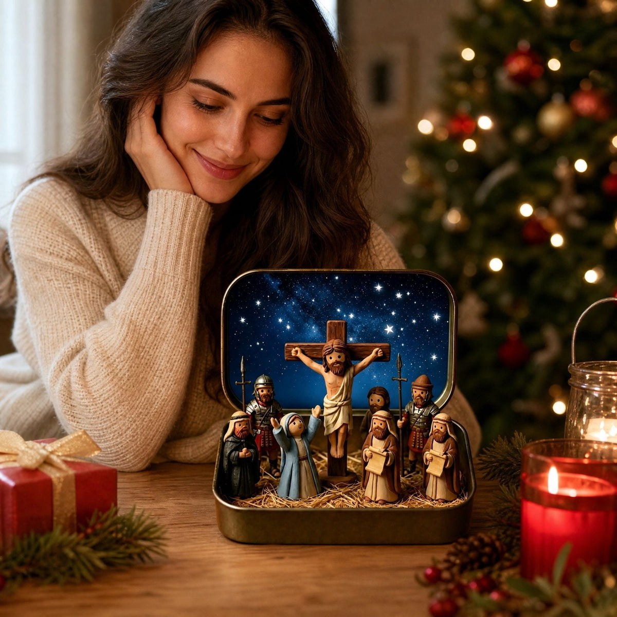 Daghihgewr Mini Christmas Nativity Set Tabletop Tin Box Multicolor Indoor Religious Ornament 1-Count 3.9 x 2.8 x 1.2 Inch