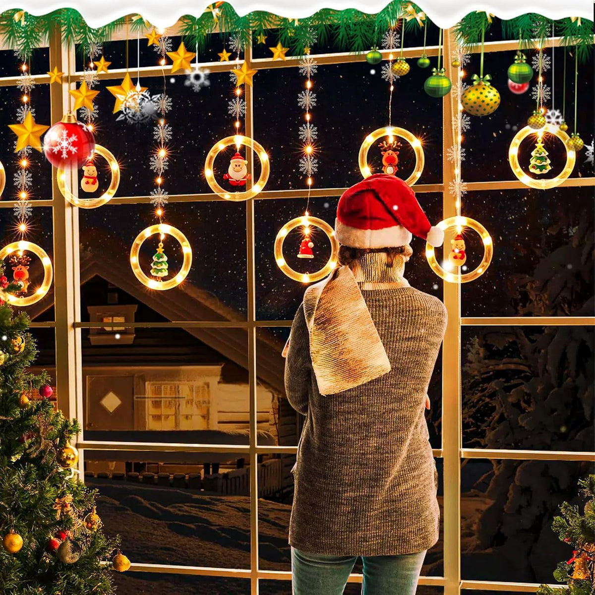 WILLED Christmas String Lights, 120 LED Window Curtain Lights with Christmas Ornaments, 9.8ft USB Powered Warm White Waterproof Fairy Lights Indoor Outdoor for Xmas Tree Patio Garden Party Home Decor