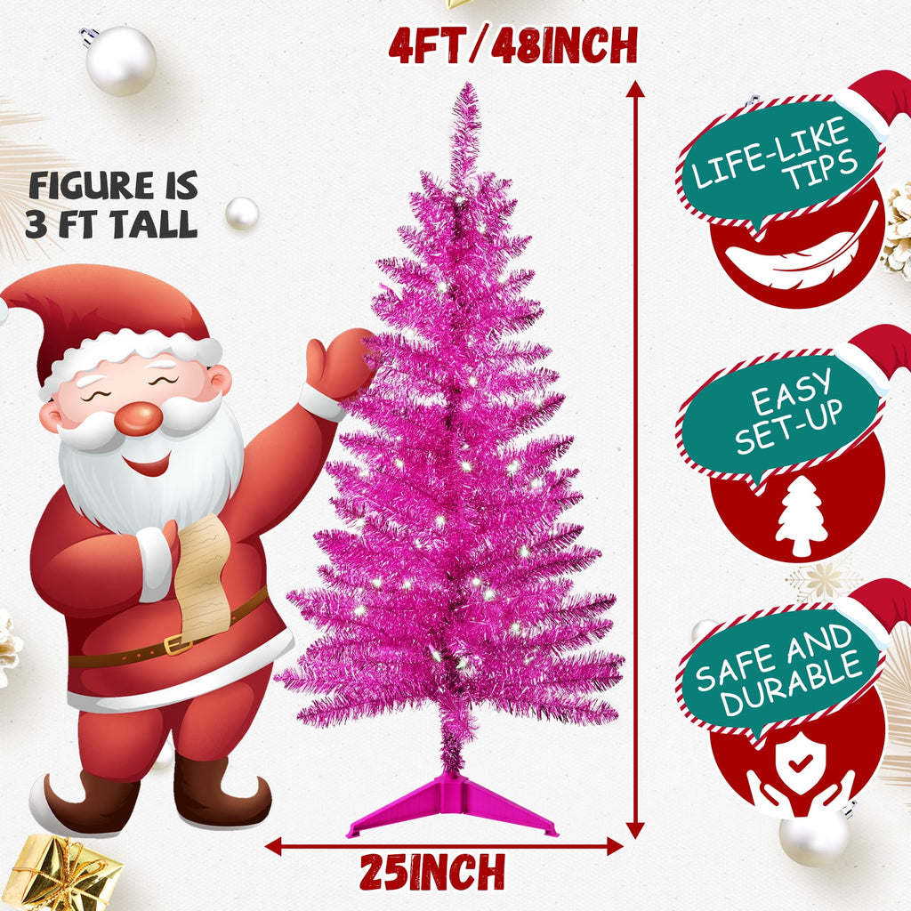 Bringstar 4FT Silver Artificial Christmas Tree with 50 String Lights, Mini Tinsel Tree, Not Pre-Lit, for Halloween & Holiday Home & Office Décor