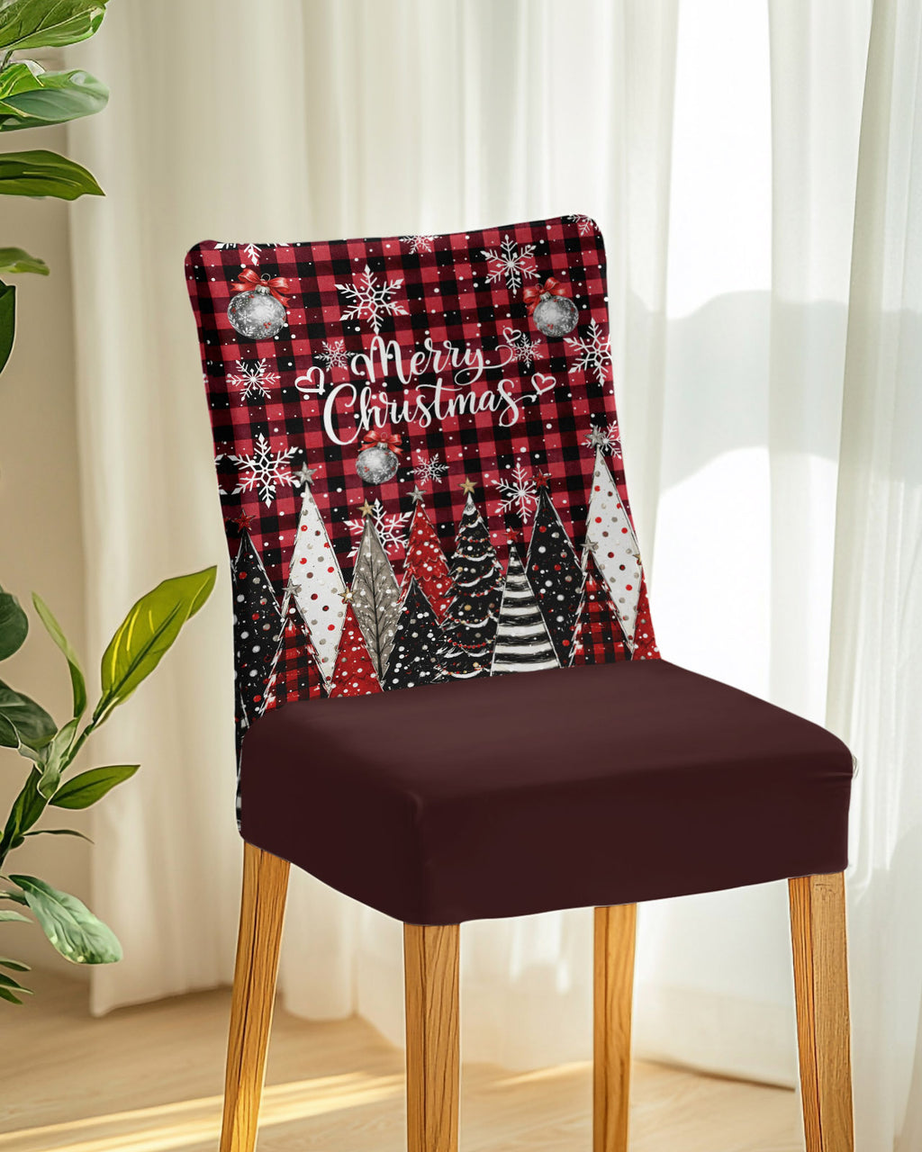 Merry Christmas Dining Chair Covers Set of 8, Winter Farmhouse Pine Tree Snowflake Red Plaid Chair Covers for Dining Room Removable Seat Protectors Slipcovers for Home Party Wedding Banquet