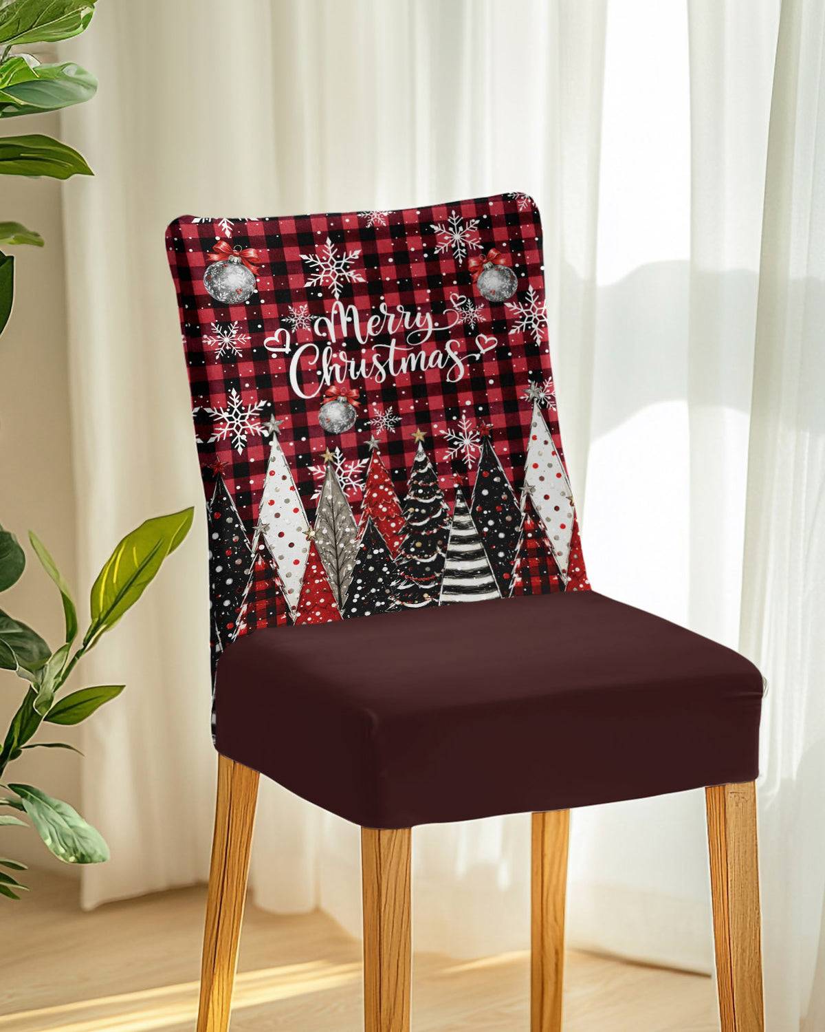 Merry Christmas Dining Chair Covers Set of 8, Winter Farmhouse Pine Tree Snowflake Red Plaid Chair Covers for Dining Room Removable Seat Protectors Slipcovers for Home Party Wedding Banquet
