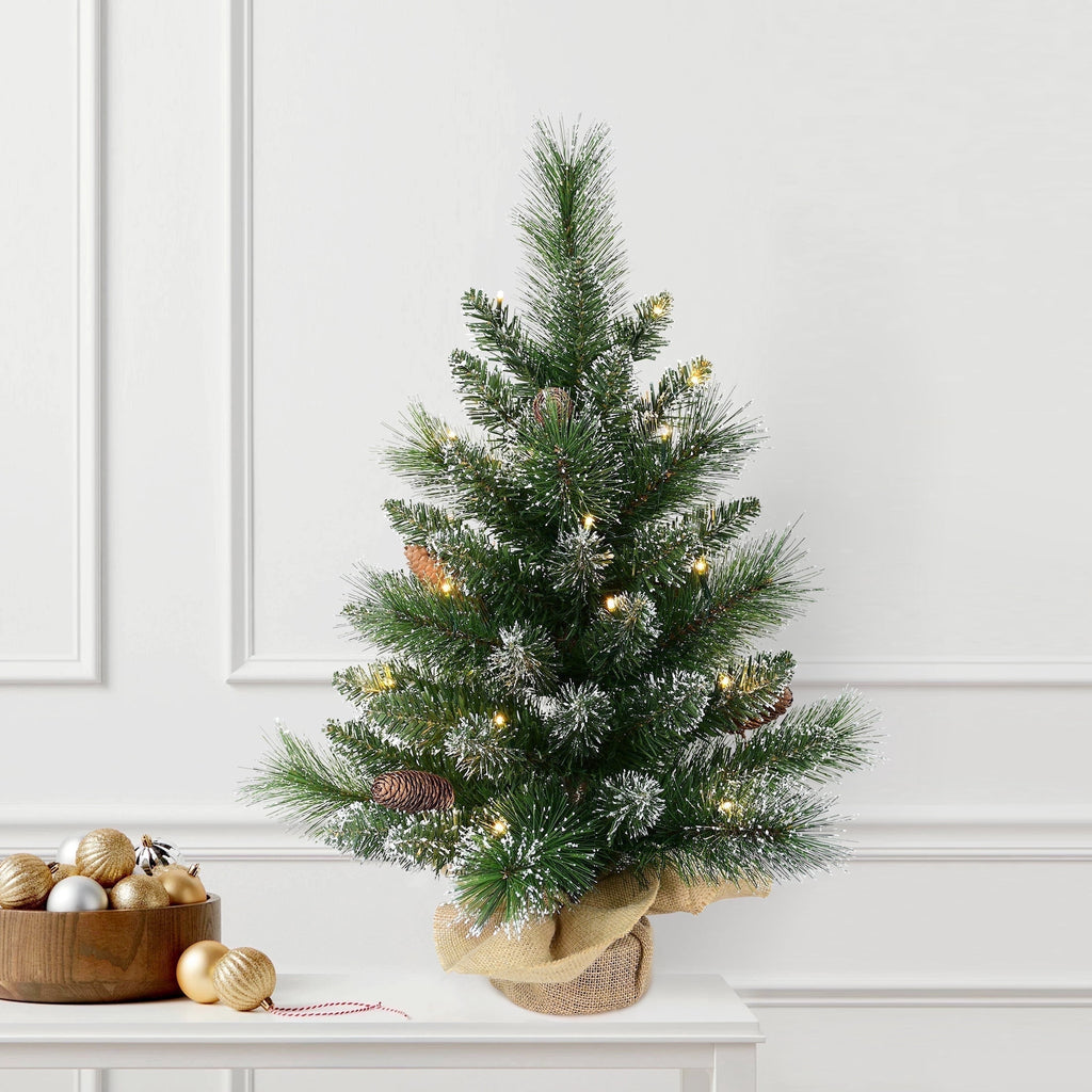Bringstar 2FT Pre-Lit Artificial Mini Christmas Tree, Snow Tipped Tabletop Xmas Tree with 35 LED Lights, Pine Cones & Burlap Base