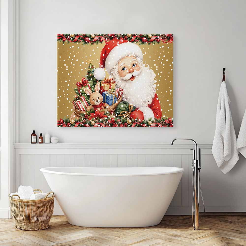 Vintage Santa Claus Canvas Print Wall Art Christmas Gift Box Bunny Rabbit Snowflake Wall Decor Modern Artwork Paintings Pictures for Living Room Stretched and Framed Ready to Hang - 20" x 24"