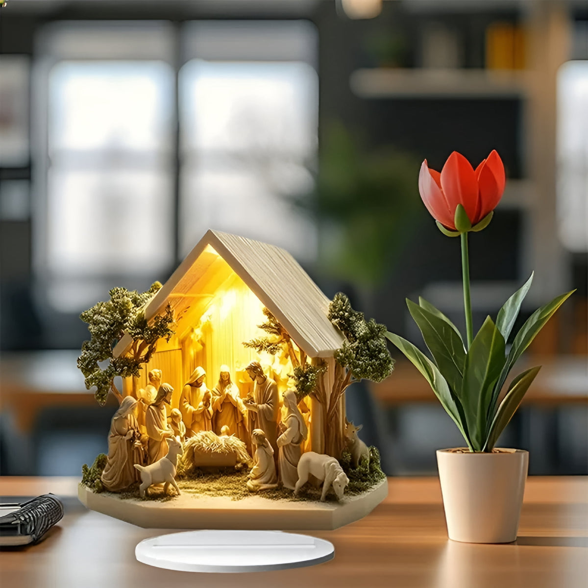 LAMIRO Christmas Indoor Nativity Scene with Led Lights -Nativity Scene Indoor Tabletop Decoration Memory Acrylic Standing Decorative Signage Ornament for Desktop