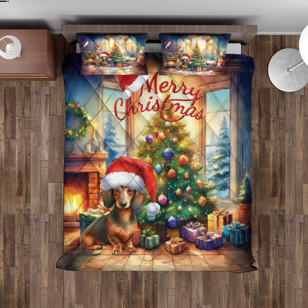 Merry Christmas French Bulldog Santa Hat Xmas Tree Winter Holiday Quilt Bedding Set Dog Lover Gifts 1 Blanket Bed Cover 2 Pillowcases - 01013