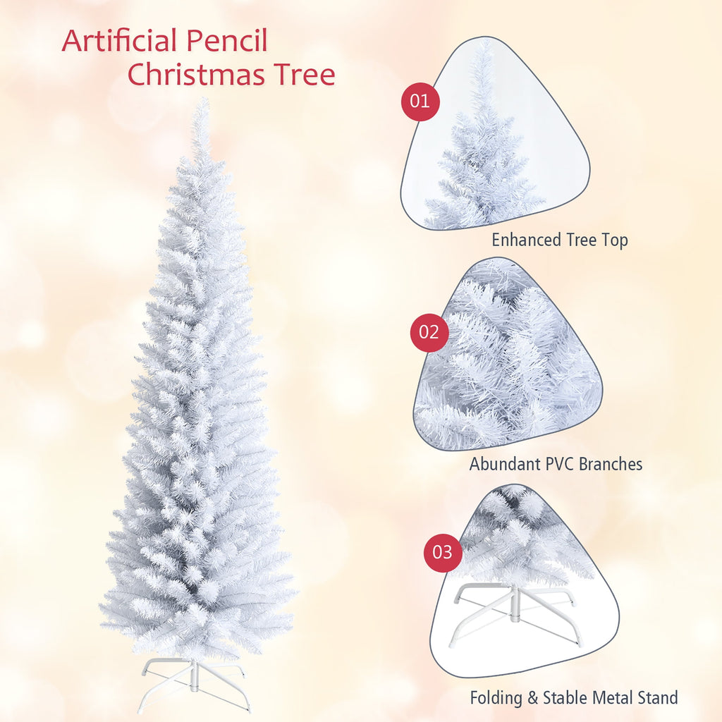 Costway 6ft Unlit Artificial Slim Pencil Christmas Tree with Metal Stand White